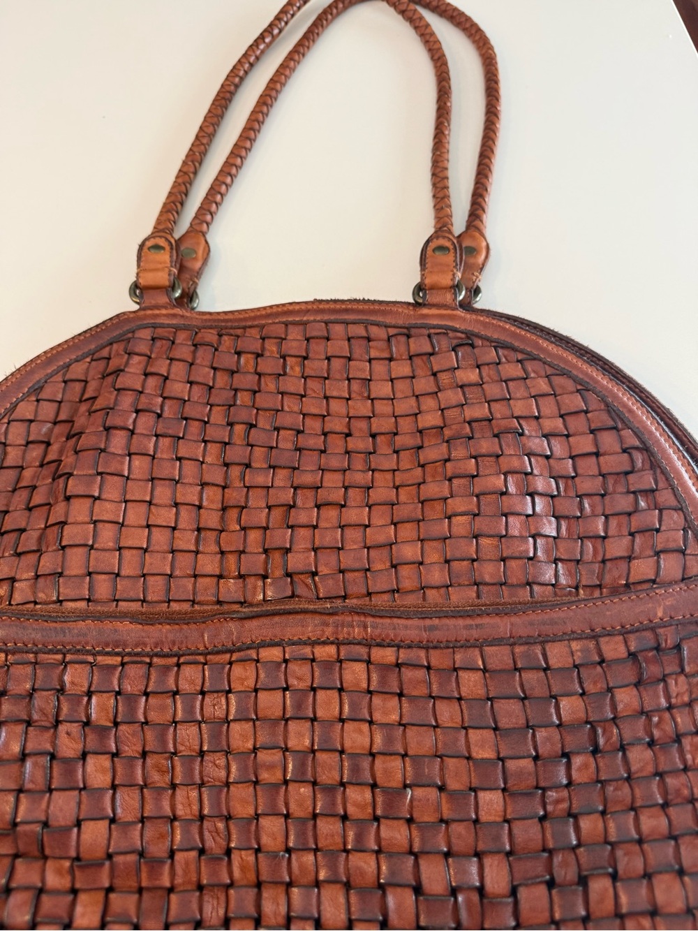Woven Shoulder Bag in Distressed Brown Leather